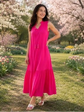 Chico’s Modern Peasant Maxi Dress Hot Pink Tiered Sleeveless sz 0-US SMALL (4-6)
